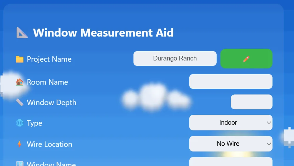 Window Measurement Aid on a phone: project, room, depth, type, wire location and bearing captured per window.
