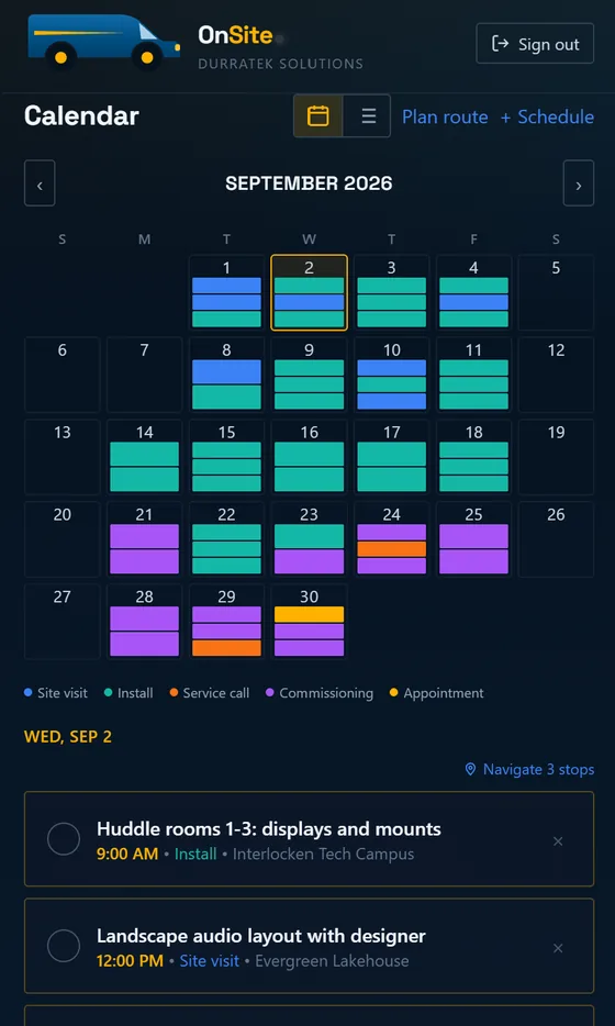 OnSite calendar on a phone: a colour-coded month of site visits, installs, service calls and commissioning, with the day's three stops listed underneath.