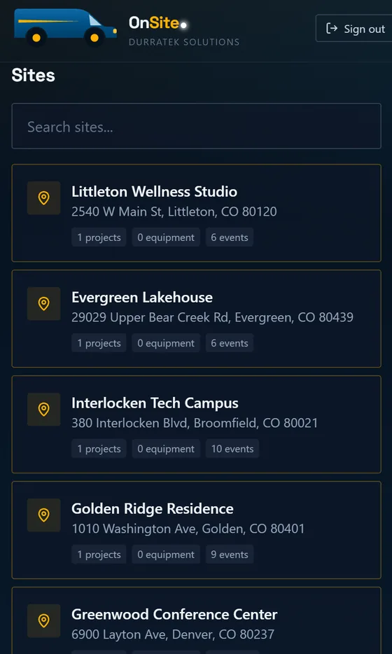OnSite site list on a phone: each job site with its address and counts of projects, equipment and events.